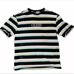 Guess Originals Shirt Mens Medium Black White Teal Striped Tee